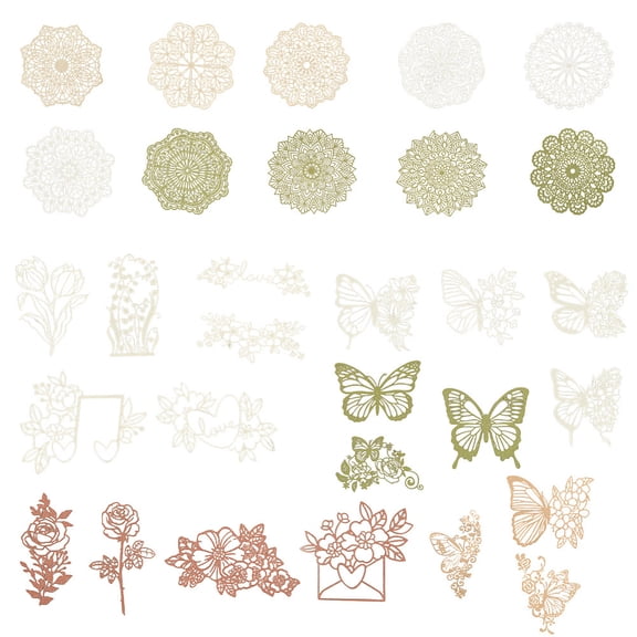 30Pcs 3 Styles Decorative Lace Paper Vintage Art Floral Rose Butterfly Round Boho Hollow Lace Cutouts for making