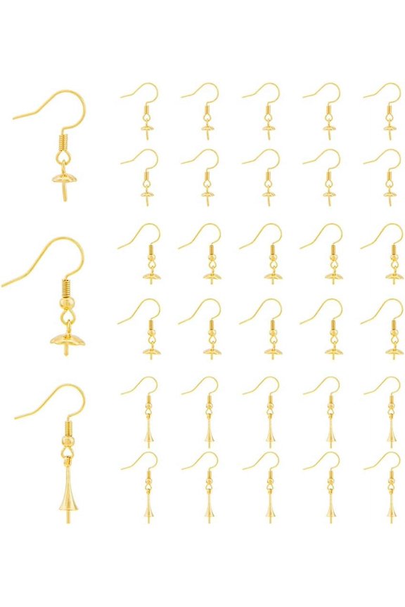30Pcs 3 Styles Fishhook Earring Hooks Brass Ear Wires Fish Hook with Flower Cup Pearl Peg Bails Golden Pearl Setting Earrings for Half Drilled Beads Earring Pin: 0.6~0.9mm