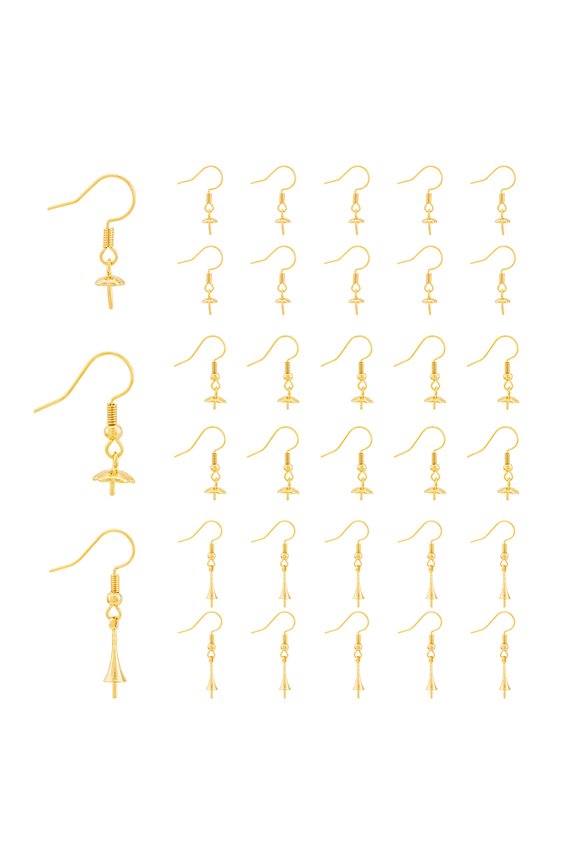 30Pcs 3 Styles Fishhook Earring Hooks Brass Ear Wires Fish Hook with Flower Cup Pearl Peg Bails Golden Pearl Setting Earrings for Half Drilled Beads