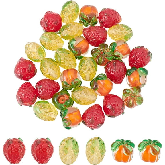 30Pcs 3 Styles Fruit Handmade Lampwork Glass Beads Pineapple Strawberry Persimmon Crystal Loose Beads
