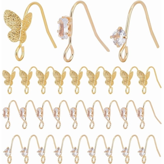 30Pcs 3 Styles Gold Earring Hooks Brass Fish Hook Earring Cubic Zirconia Butterfly Clear Rhinestone French Earrings Hooks Bulk Earwire Findings for DIY Making