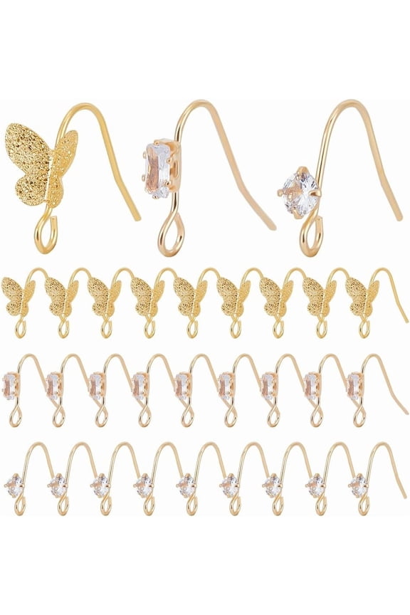 30Pcs 3 Styles Gold Earring Hooks Brass Fish Hook Earring Cubic Zirconia Butterfly Clear Rhinestone French Earrings Hooks Bulk Earwire Findings