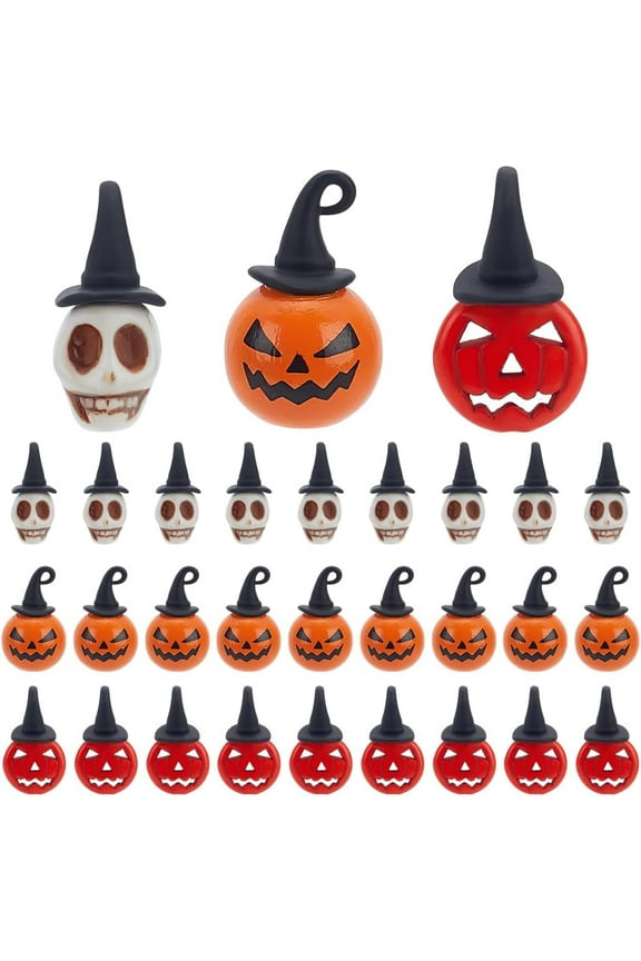30Pcs 3 Styles Halloween Dyed Synthetic Turquoise & Alloy Pendants Skull & Pumpkin with Witch Hat Charms Mixed Color 24.5~26x10.5~16x11~12mm Hole: 1.6~2.5mm 10pcs/style