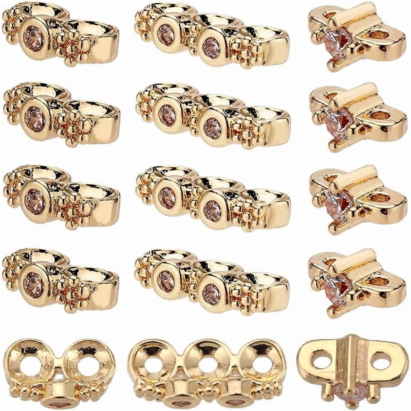 30Pcs 3 Styles Real 14K Gold Plated Rhinestone Two Hole Spacer Beads Metal Flower Spacer Beads Brass Pave Cubic Multi Strand Hole Link Connector Bead for Jewelry Making Beads DIY Bracelets 1box