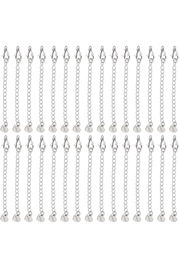 30Pcs 304 Stainless Steel Curb Chain Extender End Chains with Lobster Claw Clasps and Heart Chain Tabs 75mm Long Bracelet Necklace Extension Chains for DIY Jewelry Making Stainless Steel Color