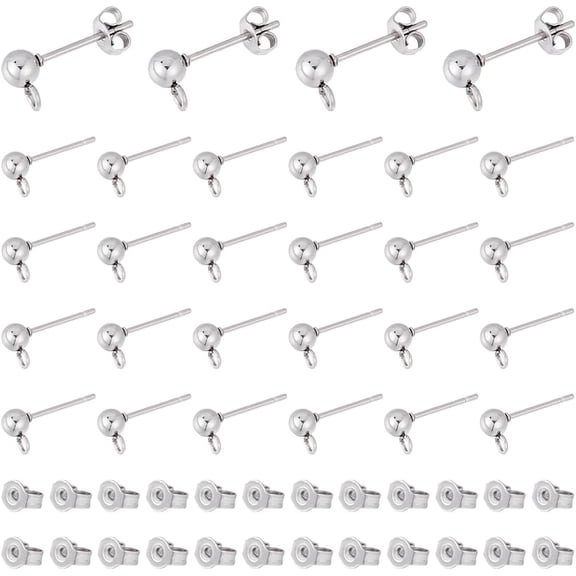 30Pcs 304 Stainless Steel Stud Earring Findings 15x7x4mm Ball Post Stud Earrings with Ear Nuts and Loop Earring Component for DIY Jewellery Making Silver