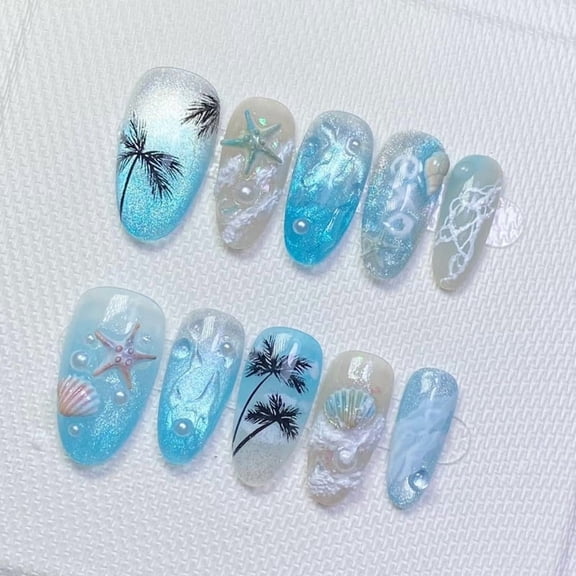 30Pcs 3D Beach Theme Press On Nails, Cat Eye Almond Nails with Wave, Coconut, Shell, Starfish & Rhinestones