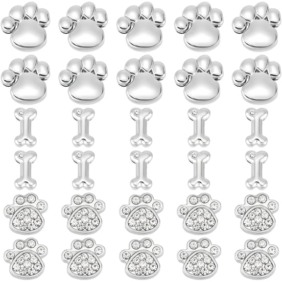 30Pcs 3Styles Pet Paw Charm Rhinestone Slide Charms for Jewelry Making DIY Crafts Findings