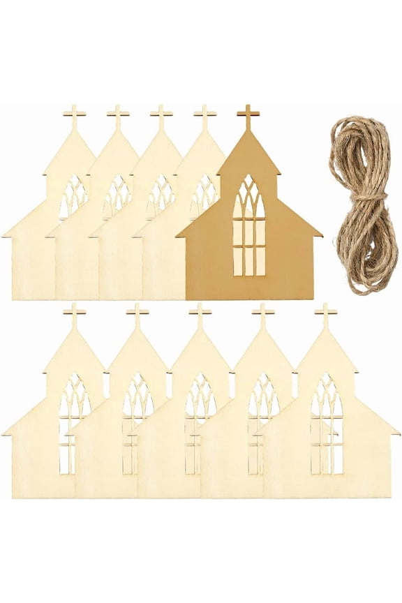 30Pcs 4 x 3In Church Wood Cutouts Unfinished Wooden Gift Tags with String House Shaped Hanging Pendant MDF Material Blank Craft Cut Outs Ornaments for DIY