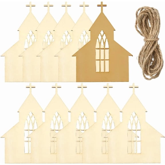 30Pcs 4 x 3In Church Wood Cutouts Unfinished Wooden Gift Tags with String House Shaped Hanging Pendant MDF Material Blank Craft Cut Outs Ornaments for Painting Home Party Decor DIY Project 3sets