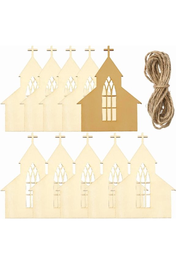 30Pcs 4 x 3In Church Wood Cutouts Unfinished Wooden Gift Tags with String House Shaped Hanging Pendant MDF Material Blank Craft Cut Outs Ornaments