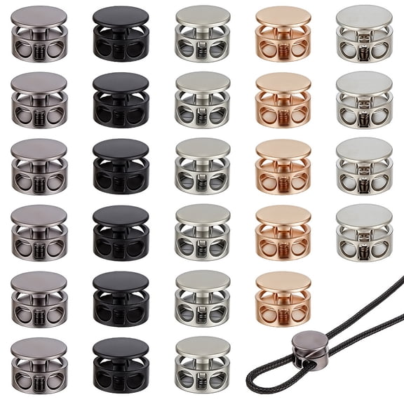 30Pcs 5 Colors Alloy Cord Locks Double Hole Drawstring Stopper Fastener Buttons Flat Round Mixed Color 14x10mm Hole: 4mm