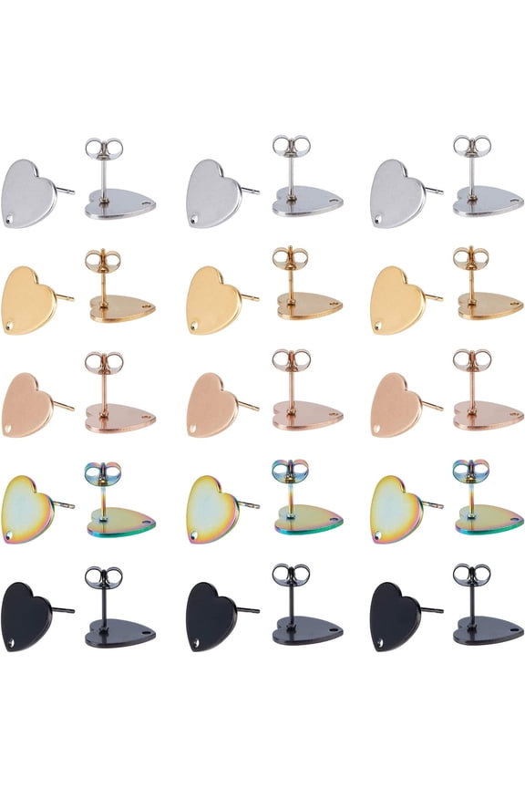 30Pcs 5 Colors Heart Shape PVD Vacuum Plating 304 Stainless Steel Stud Earring Findings with Ear Nuts/Earring Backs and Hole Mixed Color 12x13x1mm Pin: 0.8mm 6pcs/color