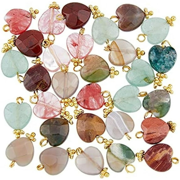 30Pcs 5 Colors Natural Heart Agate Charms with Flower Bead Spacers Colorful Crystal Stone Charms Flat Heart