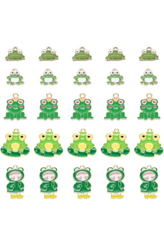 30Pcs 5 Style Alloy Enamel Pendants Frog Light Gold Lawn Green 5-29x13-17.2x1.3-2mm Hole: 1.8-2.3 6pcs/style for DIY craft