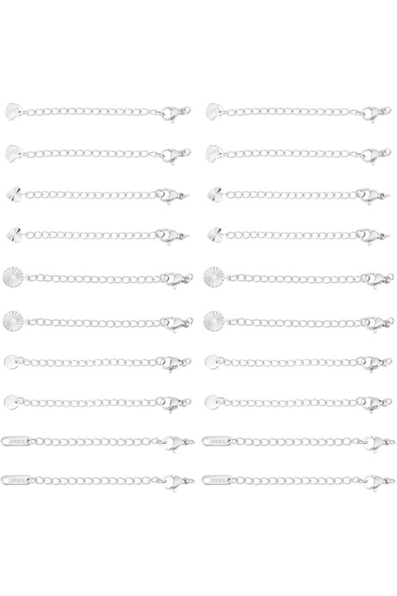 30Pcs 5 Styles 4 Sizes Chain Extender 304 Stainless Steel Extension Chain Sets Necklace Extender Chain End Chains Extension Tails with Clasps and Tiny Charm for DIY Necklace Jewelry Making