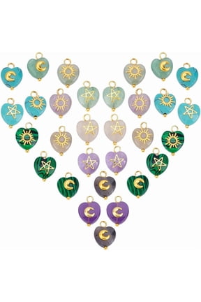 30Pcs 5 Styles Amethyst Grey Agate Green Aventurine Malachite Turquoise Faceted Hearted Charms with Brass Sun Star Moon Slices 12