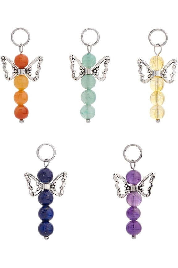 30Pcs 5 Styles Angel Charms Colorful Gemstone Charm Angel Wing Pendant Beads Fairy Mixed Stone Dangle Charms Cute Hollow Wing Charm for DIY Earrings Necklace Jewelry Making Silver