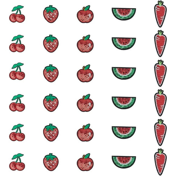 30Pcs 5 Styles Fruit Theme Felt Fabric with Glitter Sequins Iron on/Sew On Patches Cloth Appliques Mixed Shapes 43~95x42~82x1.5mm 6pcs/style