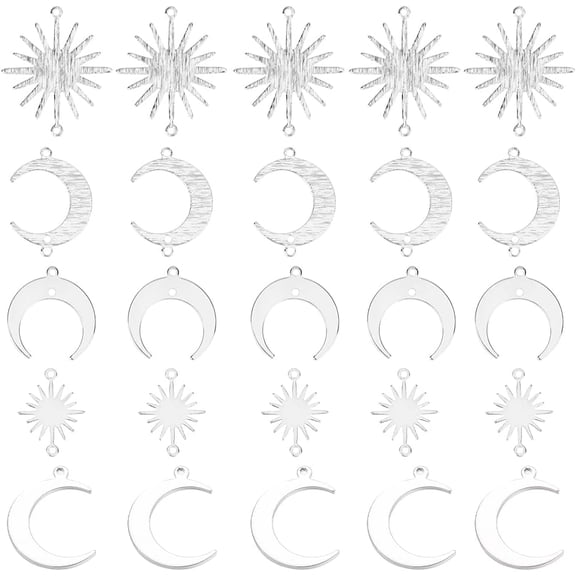 30Pcs 5 Styles Moon Sun Charms Gothic Moons Charm Brass Platinum White Goth Tarot Space Link Connector Charms for Jewelry Making Charms Women Beginners Earrings Findings Kits Accessories Platinum
