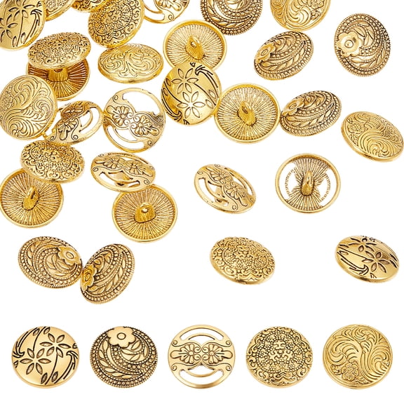 30Pcs 5 Styles Zinc Alloy Shank Buttons 1-Hole Flat Round wtih Flower Pattern Golden 6.5~17.5x7.5~8.5mm Hole: 2mm 6pcs/style