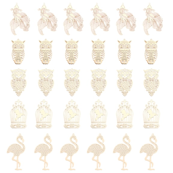 30Pcs 5Styles Brass Filigree Flat Round Charms Connectors Links Hollow Out with Animal Theme Pattern with Long-Lasting PlatedDIY