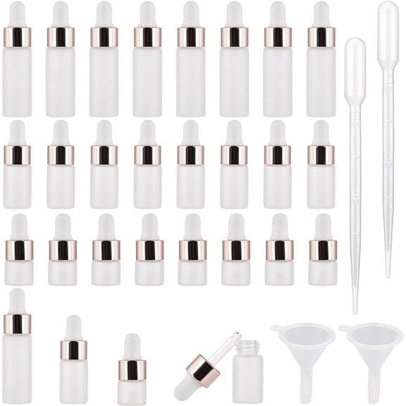 30Pcs 5ml 3ml 1ml Frosted Glass Sample Dropper Bottles Empty Mini Essential Oil Dropping Bottles Rose Gold Aluminum Alloy Cap Refillable Perfume Container with 2ml Dropper Plastic Funnel 1set