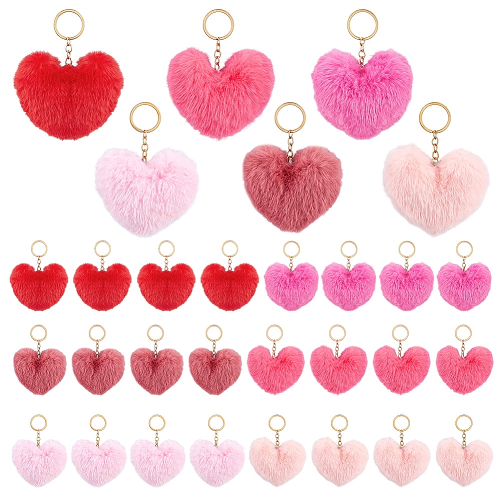 30Pcs 6 Colors Heart Polyester Rabbit Hair Pendant Keychains with Zinc ...