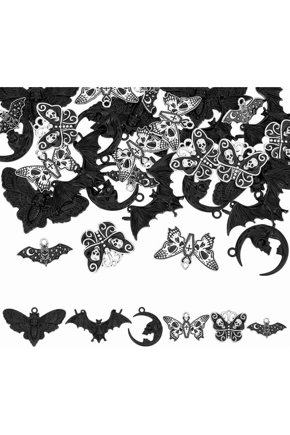 30Pcs 6 Styles Black Bat Moth Butterfly Charms Alloy Enamel Insect Charms Gothic Pendant Bulk Moon Pendants Handmade