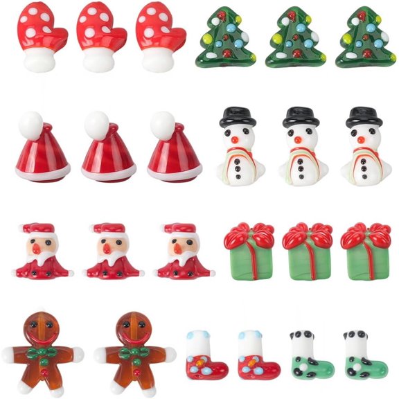 30Pcs 8 Styles Glass Tree Beads Lampwork Christmas Glass Beads Colorful Santa Claus Gloves Stocking Snowman Gift Box Winter Smooth Spacer for Christmas Tree Jewelry Bracelet DIY Making Decor Camellia