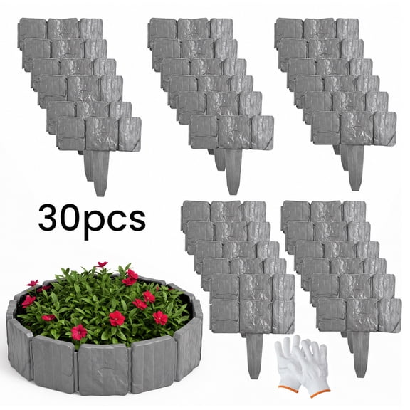 30Pcs 9.84'' L x 9.06'' H Garden Edging Border Landscape Edging Lawn Garden Fence with Gloves Decorative Landscape Border Length Landscaping for Lawn Flower Bed Yard Gray