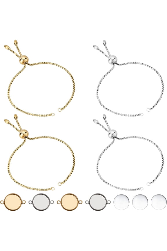 30Pcs Adjustable Slider Chain Bracelet 10''/27cm Flat Round Stainless Steel Adjustable Slider Bracelet Hypoallergenic Slider Bracelet for Jewelry Making - Golden & Stainless Steel Color Gold