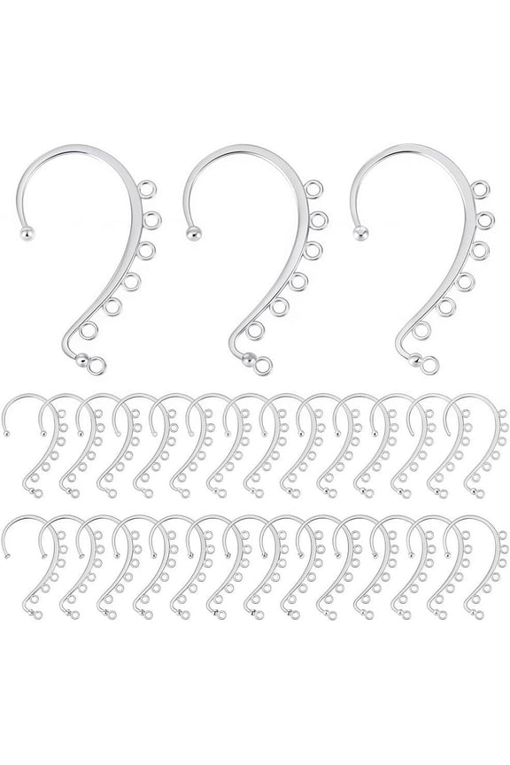 30Pcs Alloy Ear Cuff Findings with 7 Horizontal Loop Ear Wrap Earring Hooks for Non Piercing Earring Making Silver 58x35x2mm Hole: 2.5mm DIY