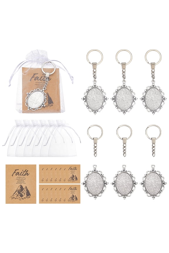 30Pcs Alloy Split Key Rings with Curb Chains Keychain Clasp Findings with 30 Sheets Paper Cards and Pendant Cabochon Settings Platinum 62mm