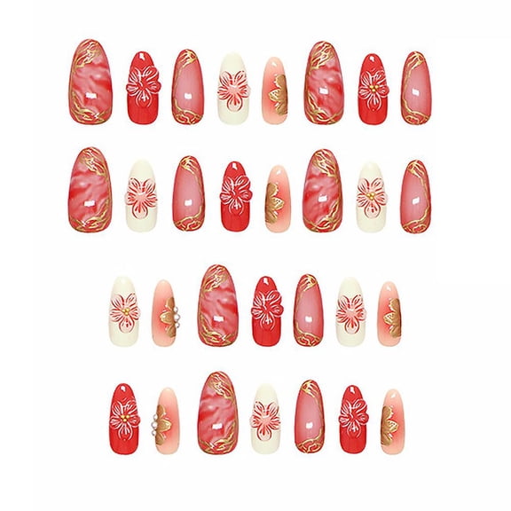 30Pcs Almond Press On Nails, 3D Carved Rhinestone Glitter Gold Line False Nails, Icy Transpa-rent Milky Nude Reusable Artificial Nail Tips