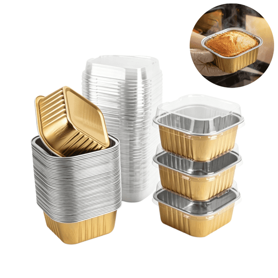 30Pcs Aluminum Foil Baking Cups, Disposable Dessert Containers, Square Foil Bake Pans with Clear Plastic Lids, Gold