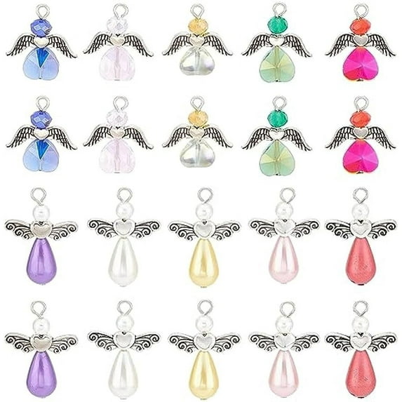 30Pcs Angel Beads Guardian Angel Charms Bulk Beading Fairy Charm Wing Bead Love Heart Faceted Glass Beads Christmas Angel Charms for Jewellery Making Charm Party Favor Gift DIY Craft