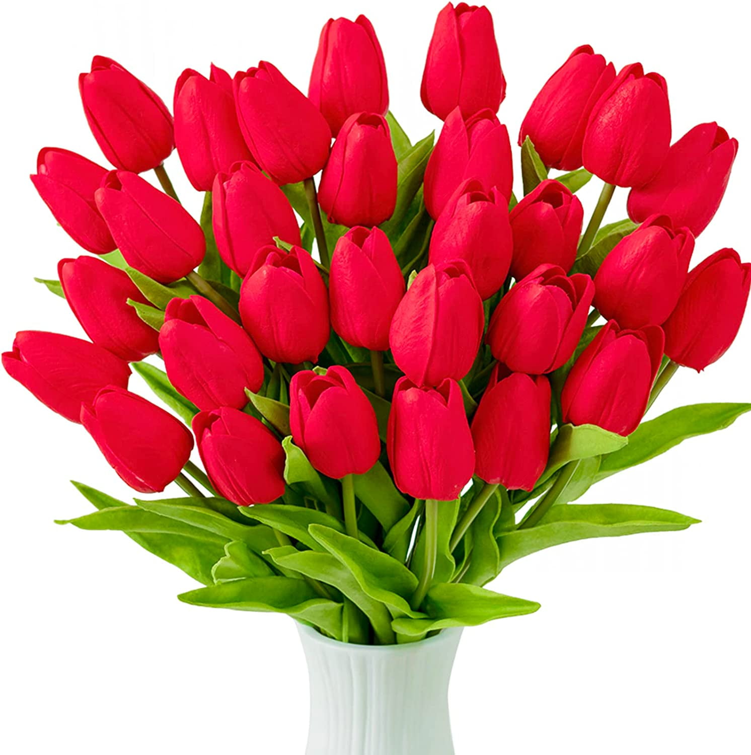 30Pcs Artificial Red Tulip Flowers Faux Tulip Stems PU Real Touch Tulips 13.7" for Spring Easter Vase Wedding Bouquets Floral Arrangements Wreath Table Centerpiece Indoor Outdoor Decoration