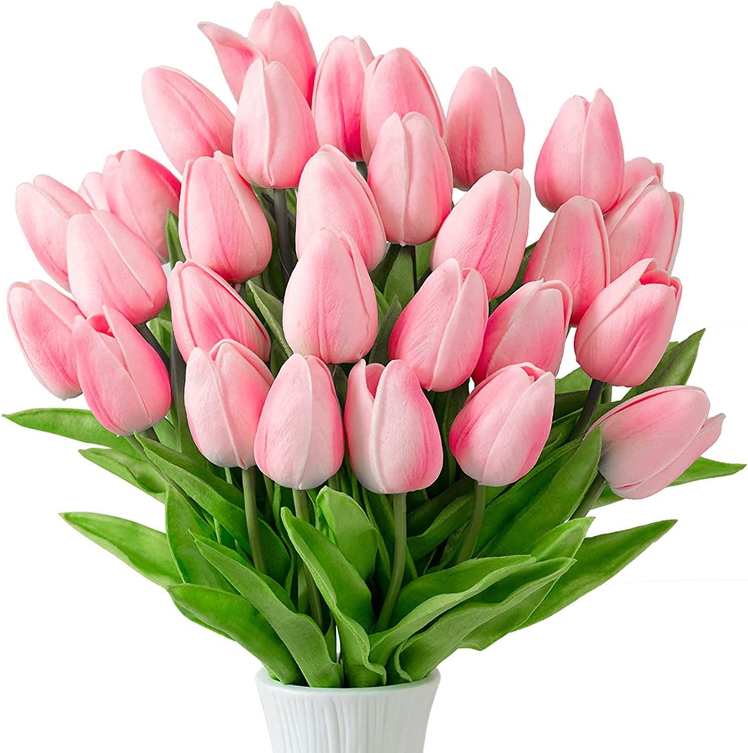 30Pcs Artificial Tulip Flowers Faux Tulip Stems PU Real Touch Tulips 13.7" for Spring Easter Vase Wedding Bouquets Floral Arrangements Wreath Table Centerpiece Indoor Outdoor Decoration (Pink)