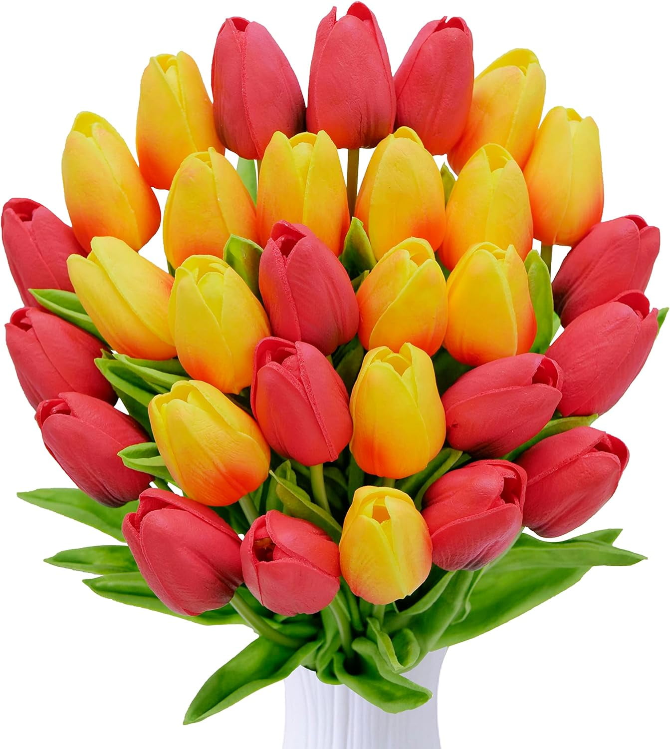 30Pcs Artificial Tulip Flowers Faux Tulip Stems PU Real Touch Tulips 13.7" for Spring Easter Vase Wedding Bouquets Floral Arrangements Wreath Table Centerpiece Indoor Outdoor Decoration (Orange, Red)