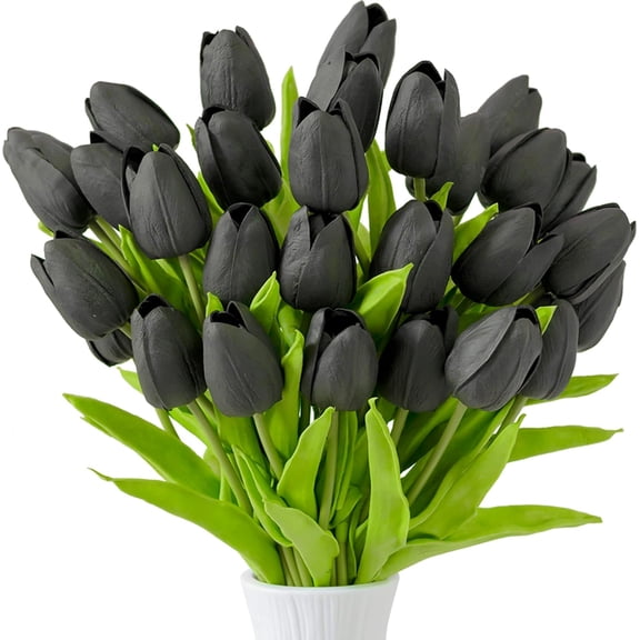 30Pcs Artificial Tulip Flowers Faux Tulip Stems PU Real Touch Tulips 13.7" for Spring Easter Vase Wedding Bouquets Floral Arrangements Wreath Table Centerpiece Indoor Outdoor Decoration (Black)