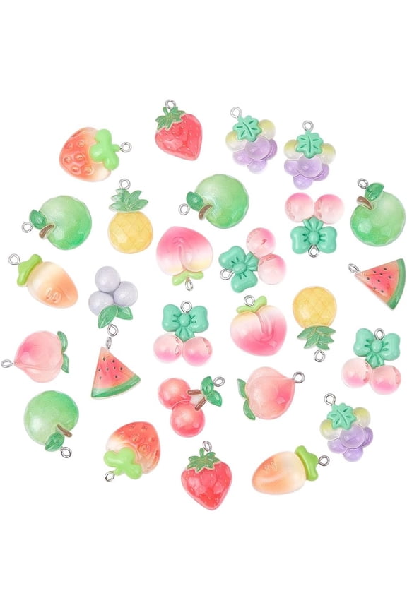 30Pcs Assorted Fruit Charm Resin Fruit Charms Bulk Random Styles Translucent Summer Strawberry Cherry Watermelon Pendants with Silver Iron Loop