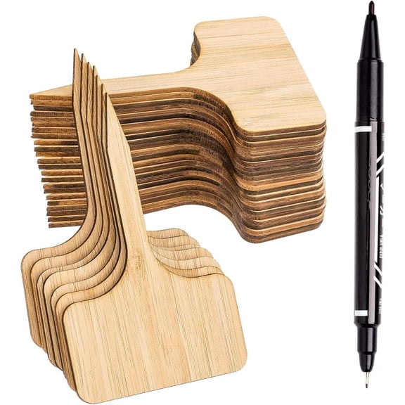 30Pcs Bamboo Plant Labels with A Marker Pen, T-Type Wooden Plant Marker Garden Sign Tags Garden Markers for Seed Potted Herbs Flowers Vegetables (6 x 10 cm)