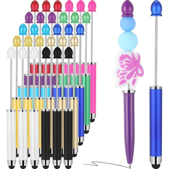 30Pcs Beaded Stylus Pens 2-in-1, Colorful Ballpoint Pens with 1.0mm Black Ink for Touch Screen & Writing