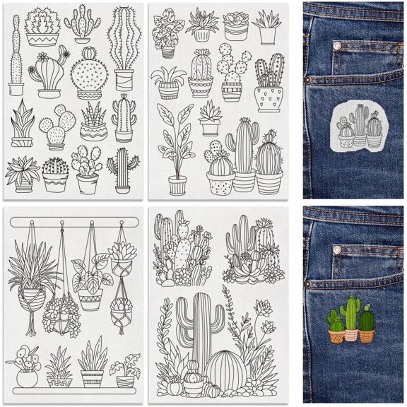 30Pcs Bonsai Cactus Embroidery Pattern Stabilizers 8.3"x11.7" Potted Cacti Water Soluble Stick and Stitch Embroidery Stickers 4 Sheets Cactus Hand Sewing DIY Embroidery Transfer Paper