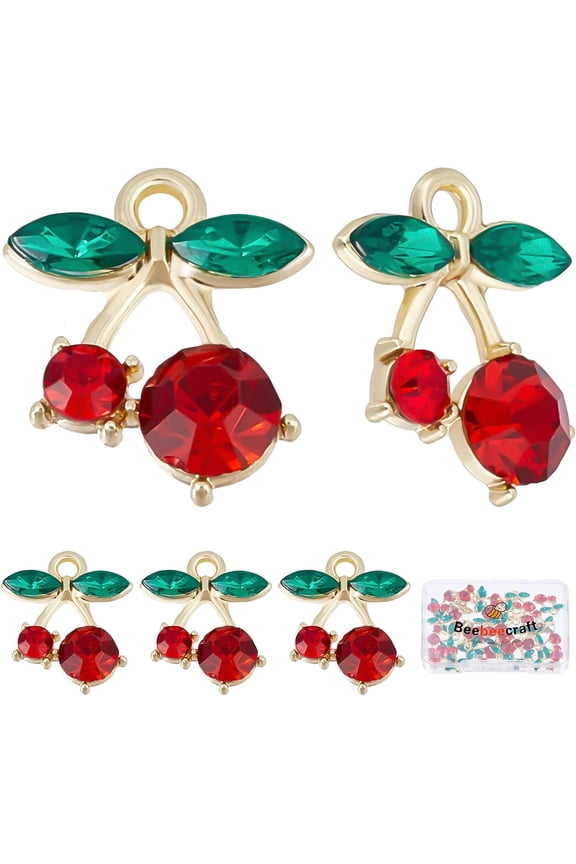 30Pcs/Box Cherry Charms Red Rhinestone Cherry Dangle Charms Gold Plated Fruit Pendants for DIY Jewelry Making Bracelets Necklace