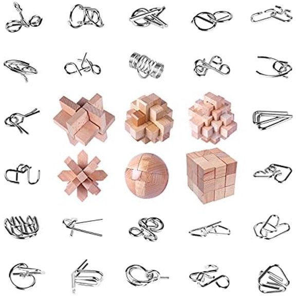 30Pcs Brain Teaser Puzzles Games Educational Toys Mind Wooden and Metal 3D Puzzles Unlock Interlock IQ Box