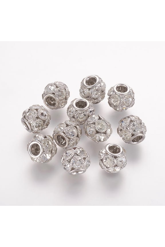 30Pcs Brass Beads with Grade A Rhinestone Rondelle Platinum Crystal 8x8mm Hole: 2mm