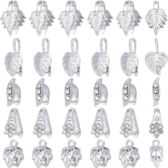 30Pcs Brass Pendant Pinch Bails 5 Style Rhinestone Ice Pick Pinch Bails Platinum Snap On Jewelry Clasp Bails Clasp for Jewelry Making DIY