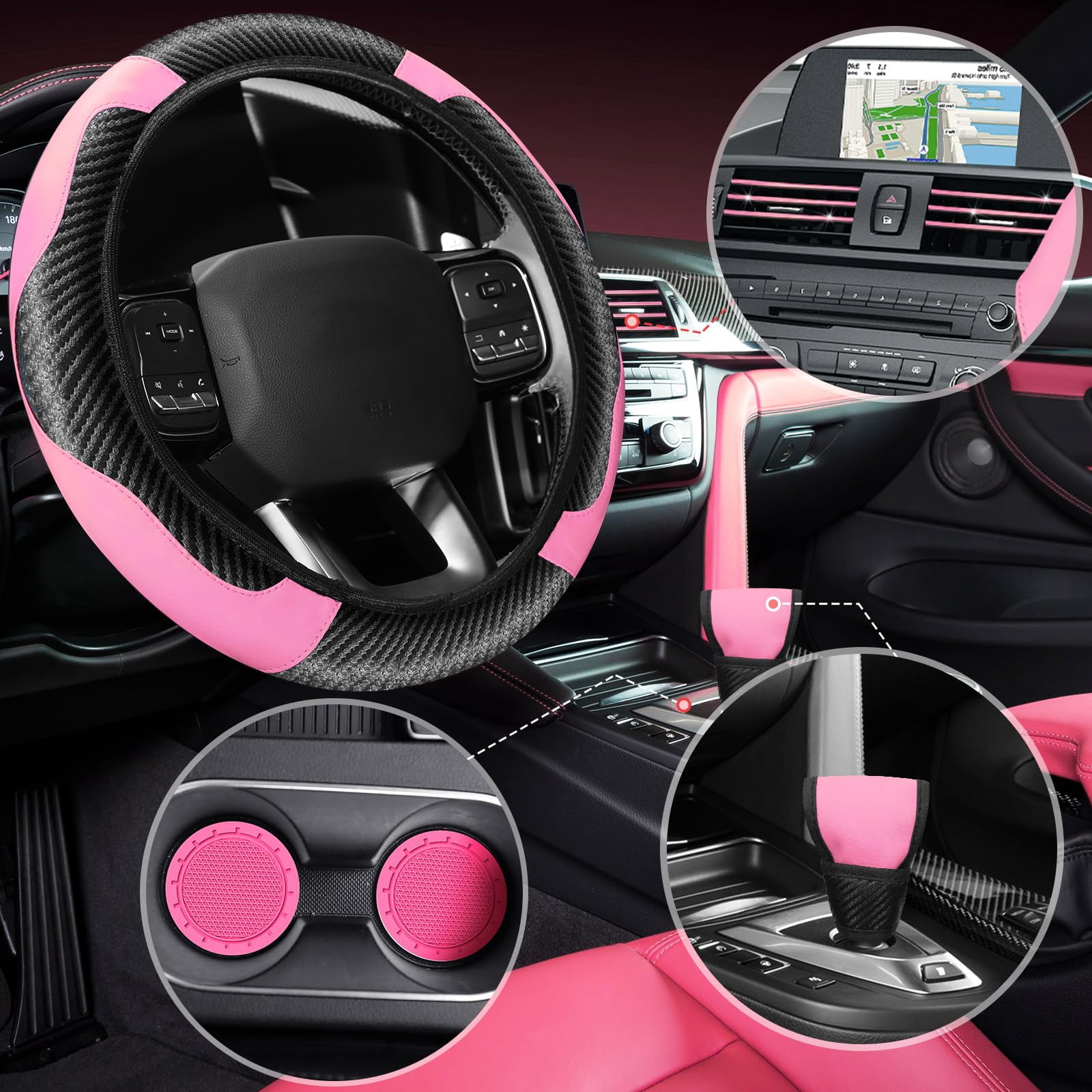 30Pcs Car Interior Accessories Set PU Leather Carbon Fiber Pattern Steering Wheel Cover for Women and Men with Armrest Pad Seat Belt Covers Cup Coasters Vent Trim strips, Pink